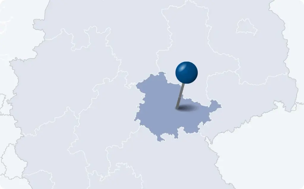 Karte von Thüringen mit Standortmarkierung im Raum Erfurt